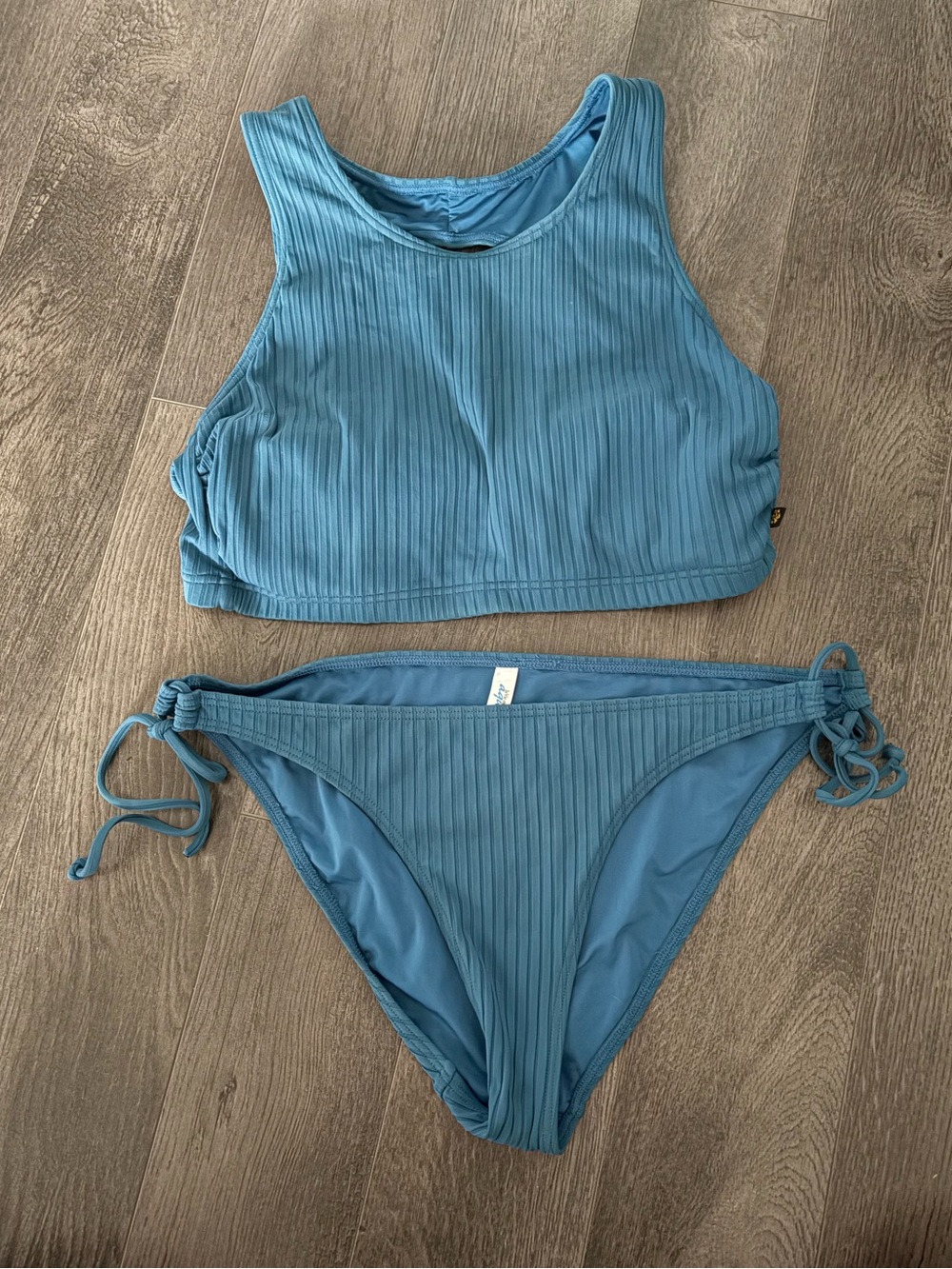 Aqua Ribbed Teal-Blue High-Neck Bikini Set